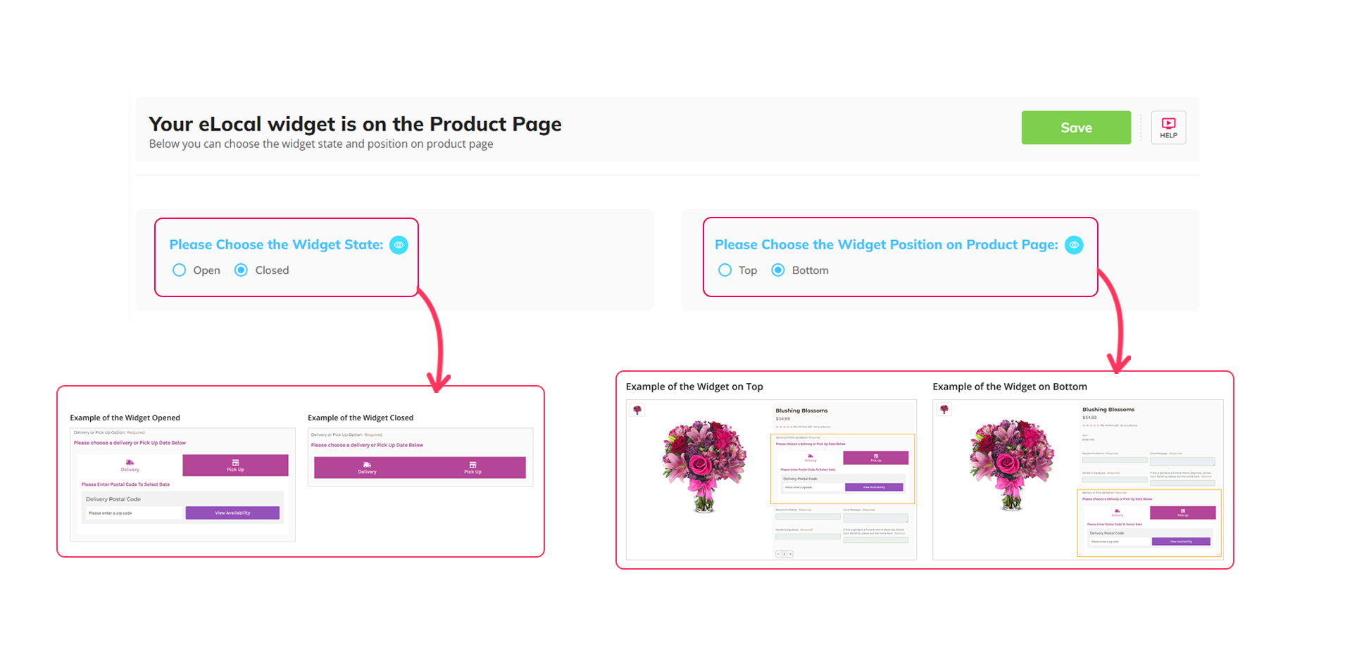 eLocal app featuring the eLocal widget's state and placement on product pages.
