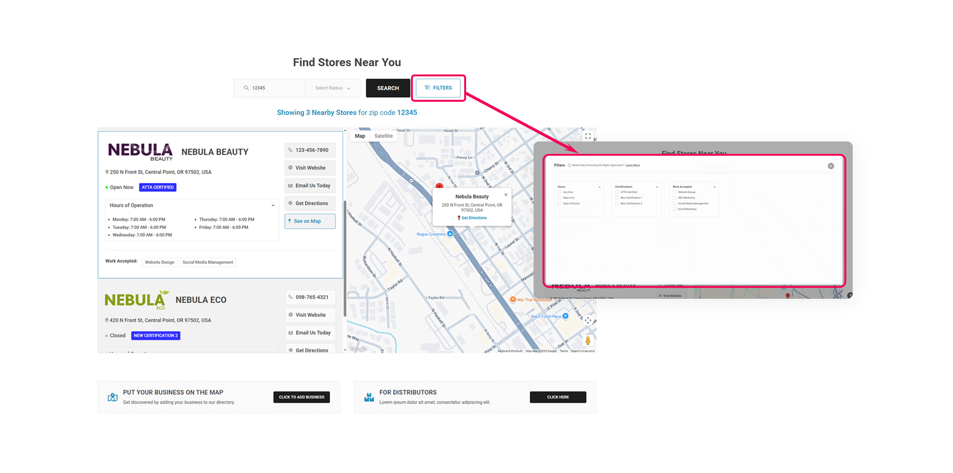 An eLocate app's dashboard shows Allows you to map mutliple locations of your business and/or other businesses and organizations