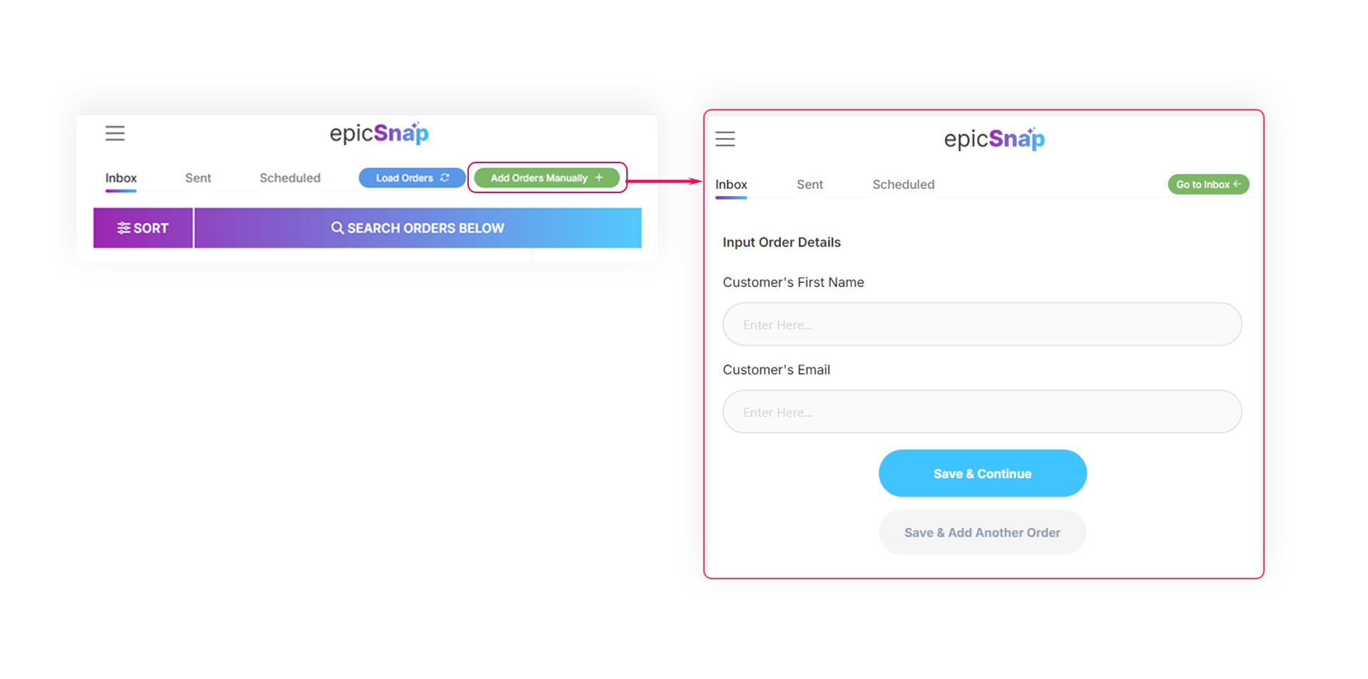 An epicSnap App dashboard shows how to add manual orders for cases like walk-ins, phone orders, or special requests.