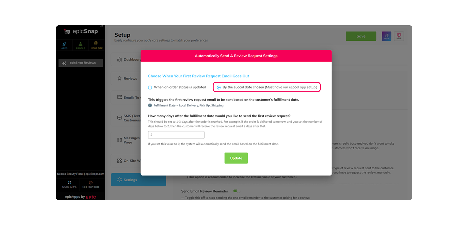 An epicSnap app's dashboard automatically sends review requests based on fulfillment dates instead of order status.