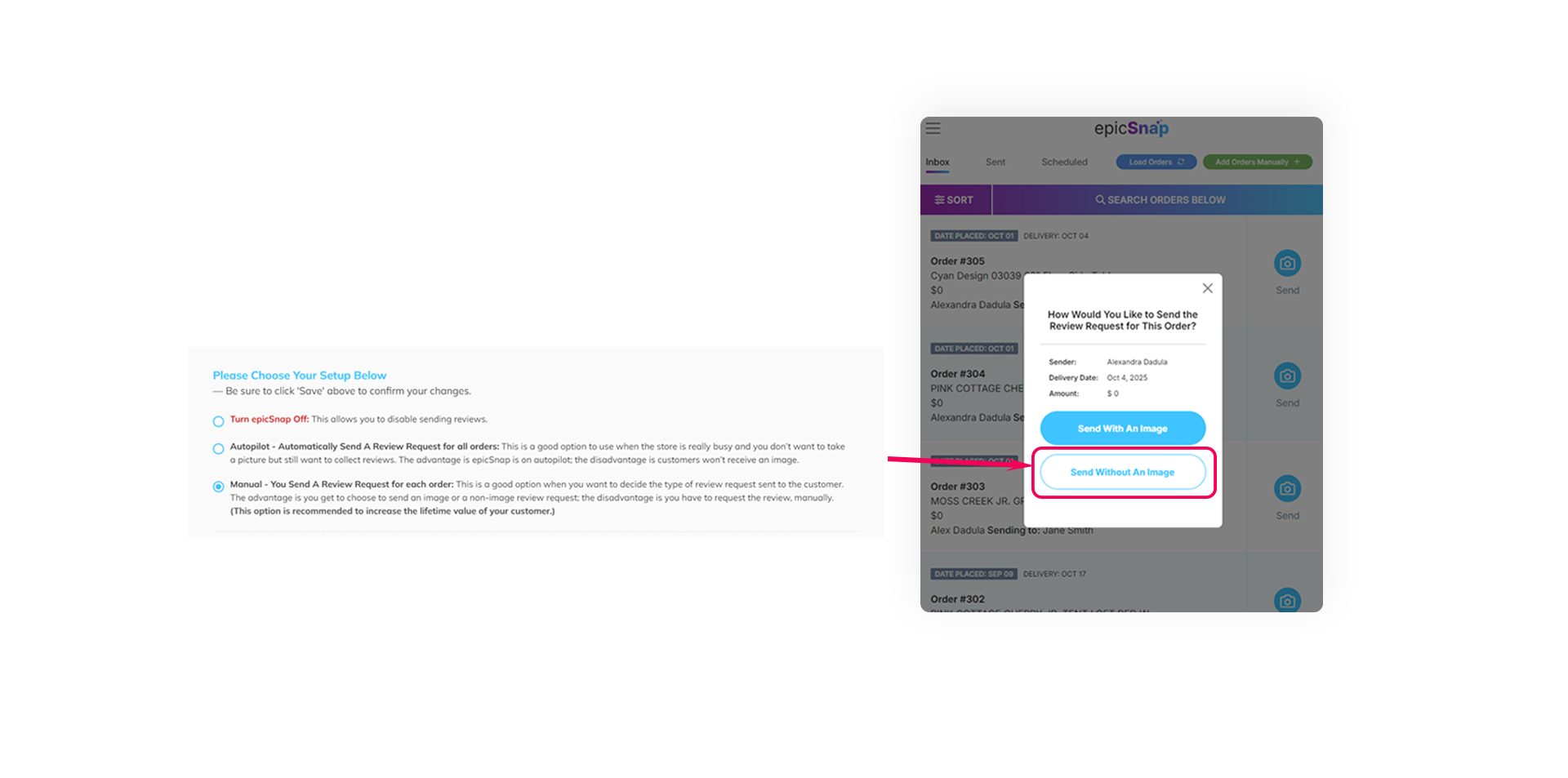 An epicSnap app's dashboard shows how manual setup now lets you send review requests even without a photo.