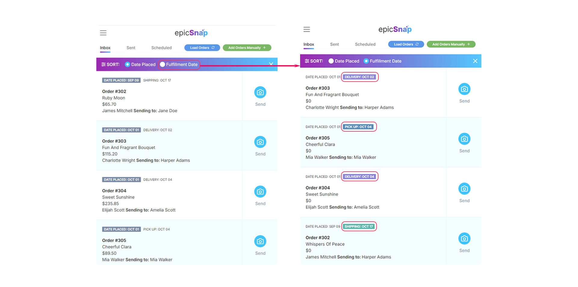 An epicSnap App dashboard easily sort and prioritize orders by delivery, pickup, or shipping date instead of date placed.