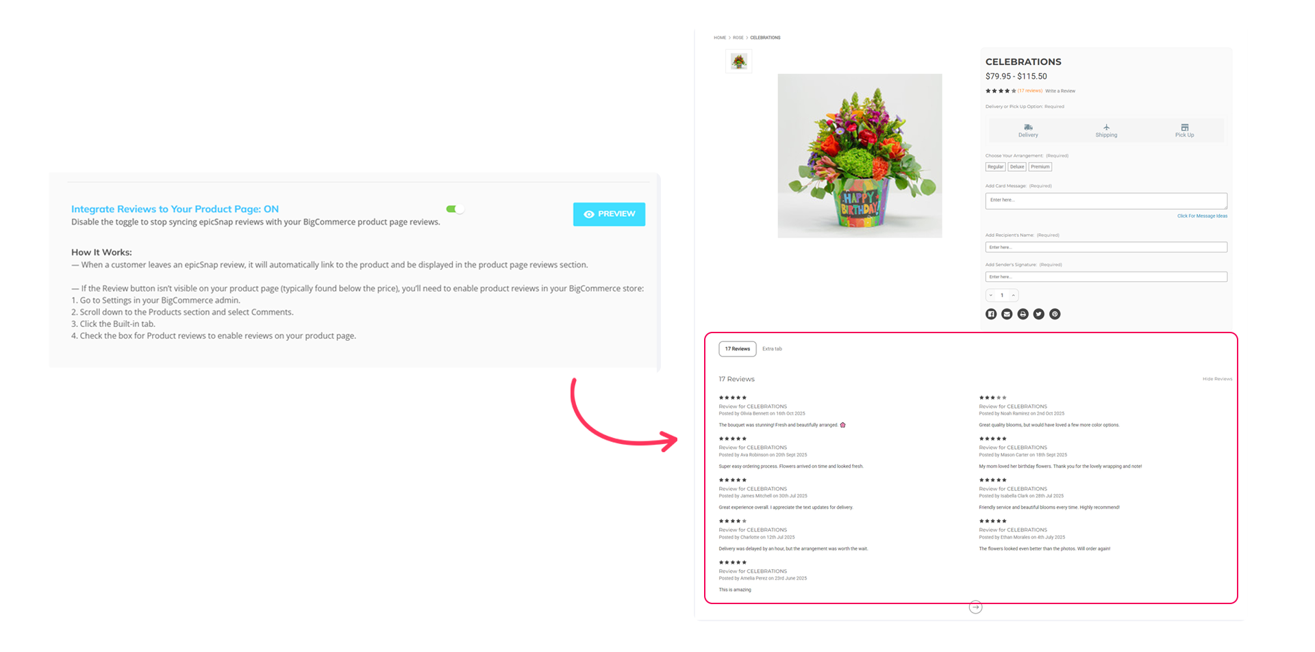An epicSnap App dashboard displays your epicSnap reviews directly on your product pages.