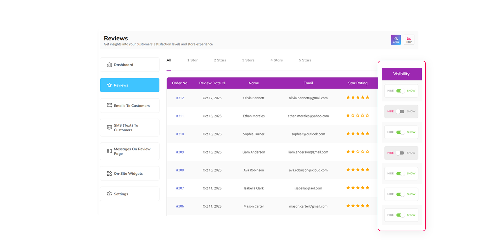 An epicSnap App dashboard chooses which reviews appear on your website and controls your overall star rating display.