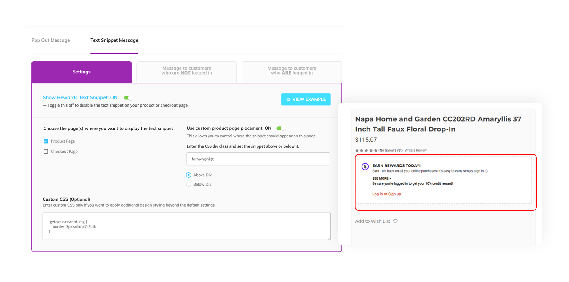 goLoyalty app interface showing options to customize Text Snippet placement and add custom CSS on the product page.