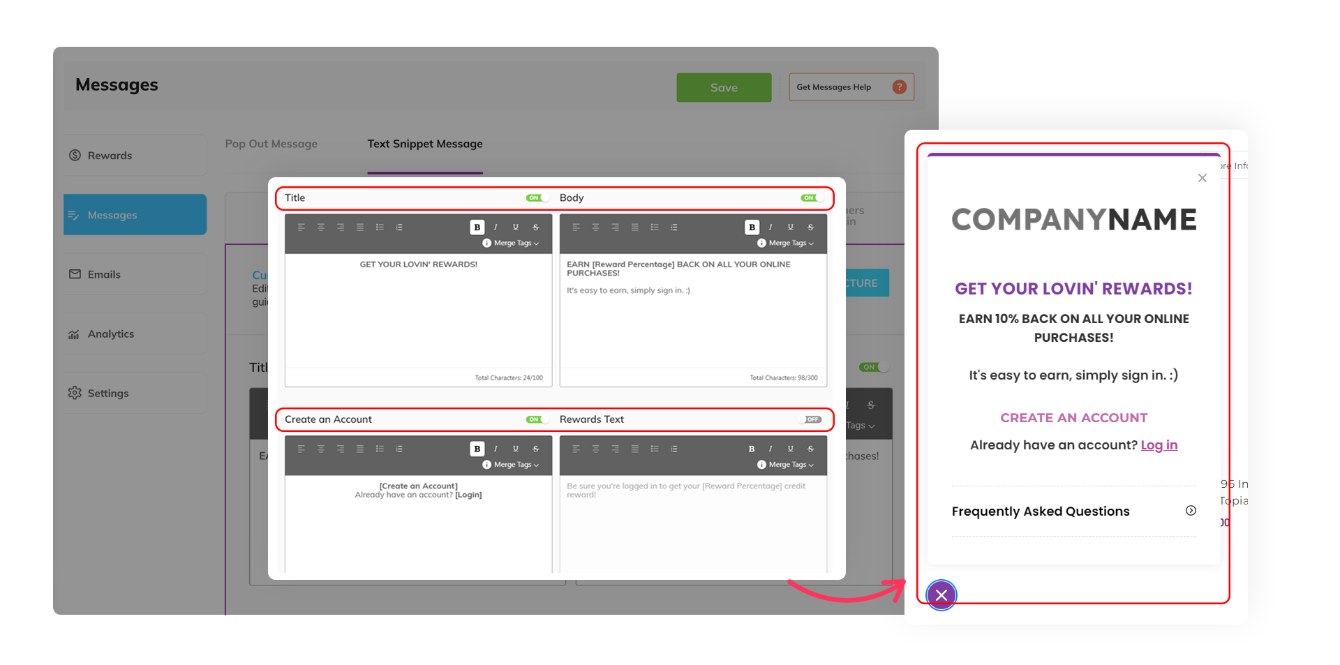 A goLoyalty app's dashboard introduces a visibility toggle in the Text Snippet and Pop-out Text & Message sections for better content control.