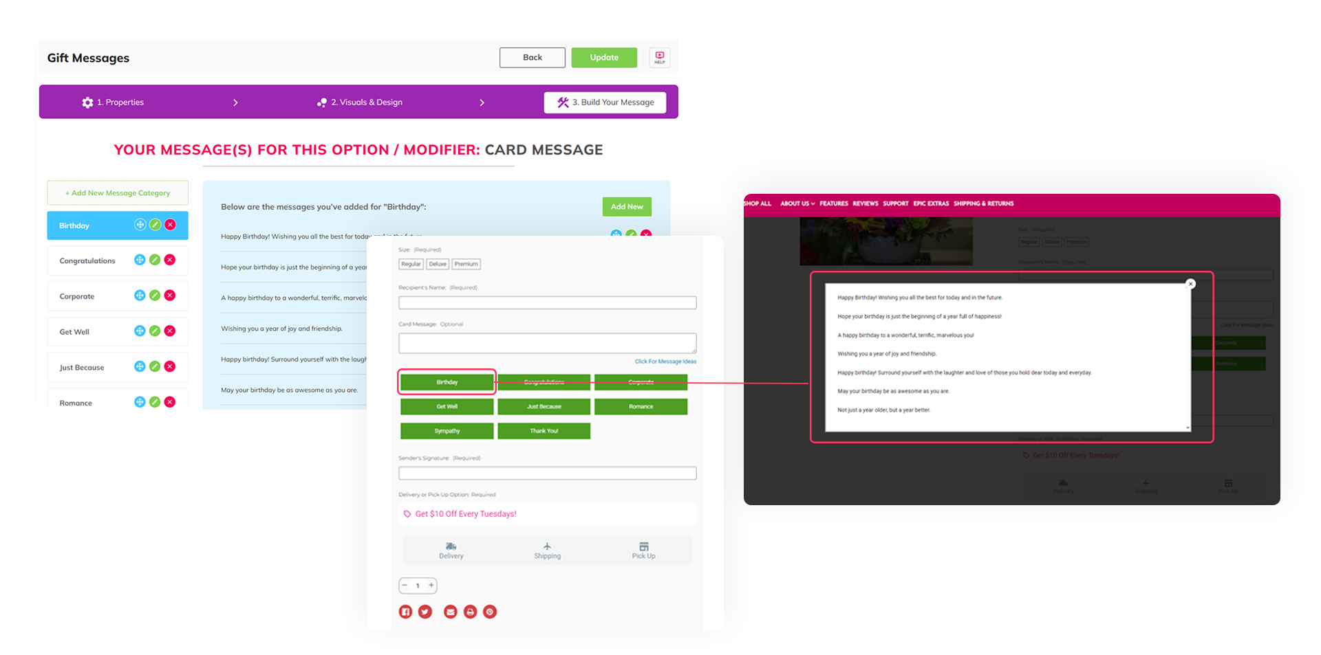 A pageBuilder Pro app's dashboard shows custom card messages on the product page for the customer to choose from