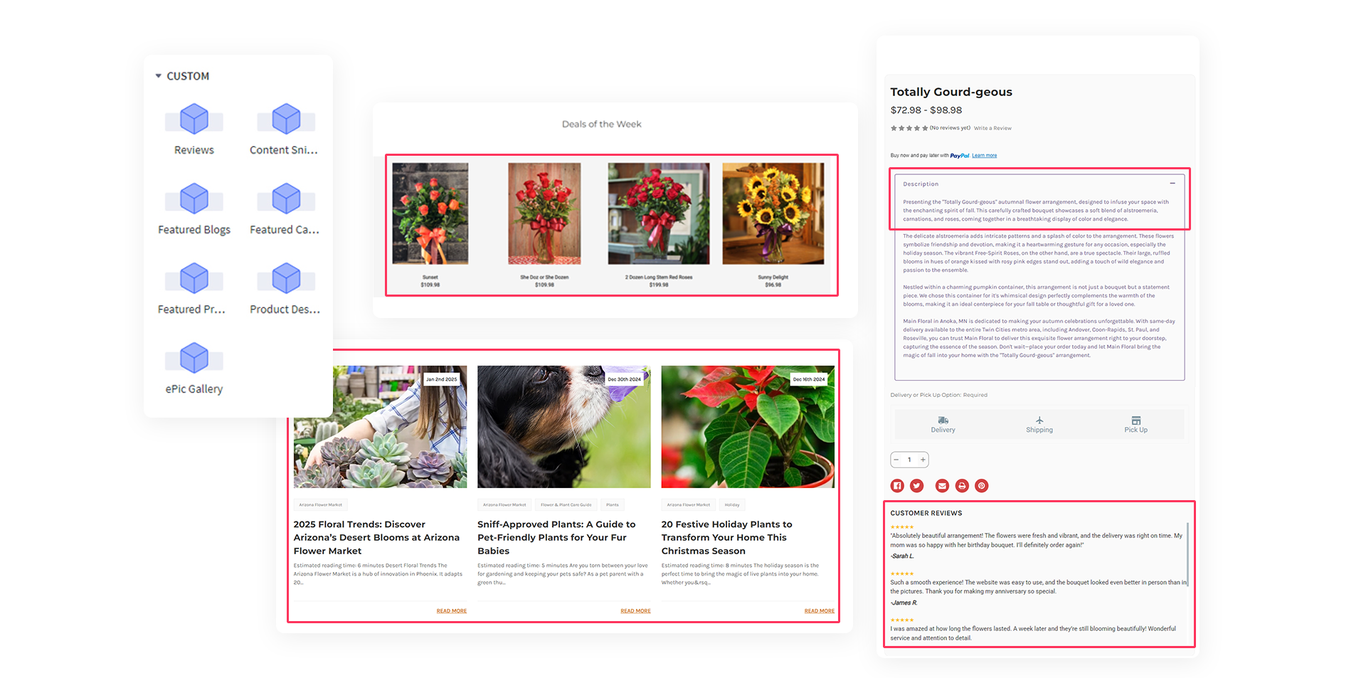 A pageBuilder Pro app shows to customized design widgets with added functionality like featured categories, products, blogs, image gallery, reviews, and more.