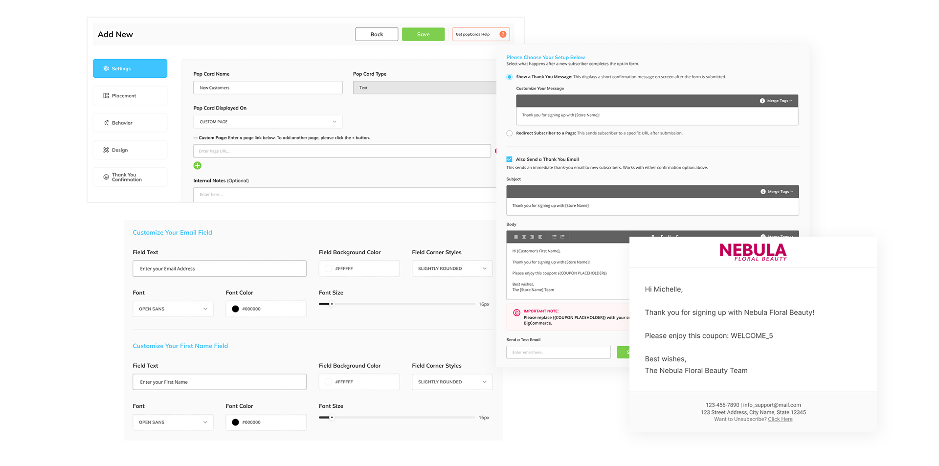 A popCards app's dashboard displays user interface updates, is easier to use, and offers better email options