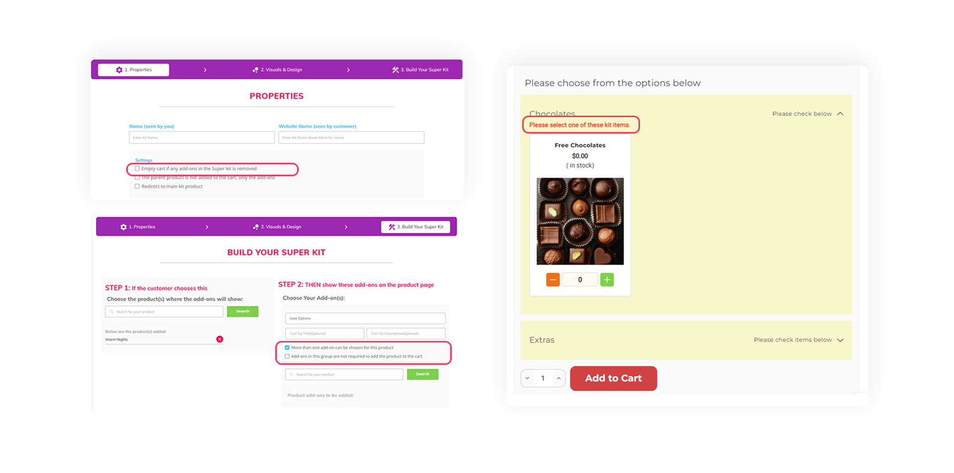 A productAce App dashboard shows the additional settings(Required or Optional, add-on limits, empty cart if an add-on is removed) in SuperKits.