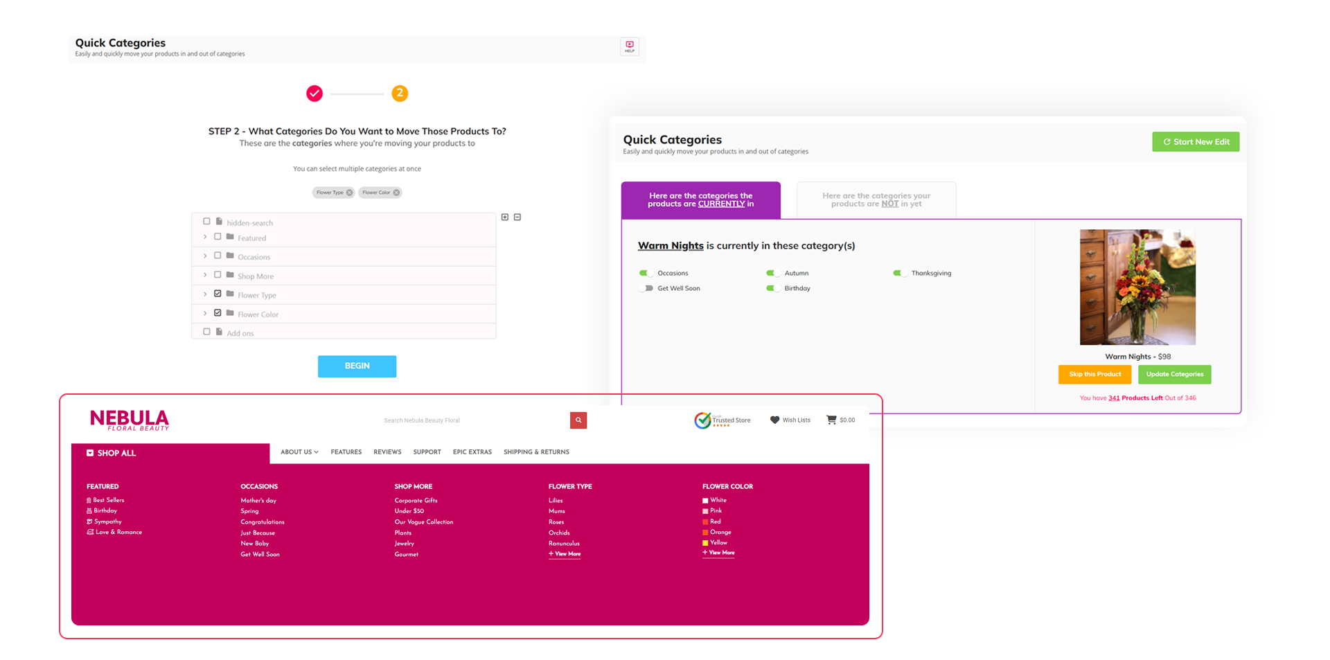 A productAce app's dashboard displays how easily and quickly move your products in and out of categories.