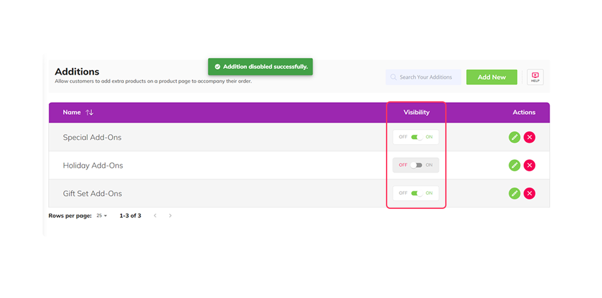 A productAce app's dashboard displays how to manage visibility settings for Addition, SuperKits, and Upsell Magic.