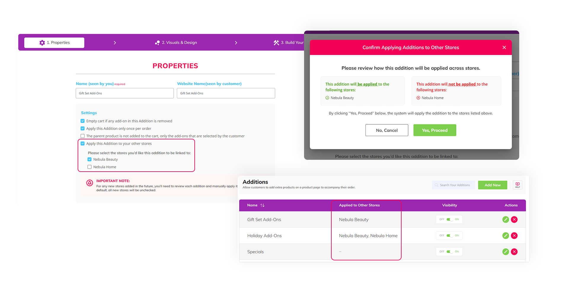 An epicSnap App dashboard shows that for Multi-storefront accounts, you can now sync your Additions, Superkits, and Upsell Magic to all of your stores in one place.