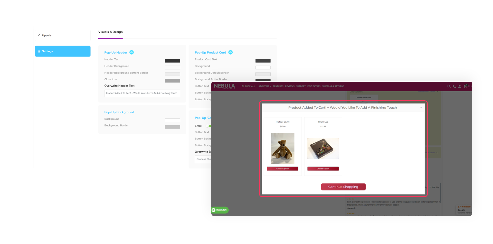 A productAce App dashboard displays how to add an option to limit the quantity of each add-on/upsell.