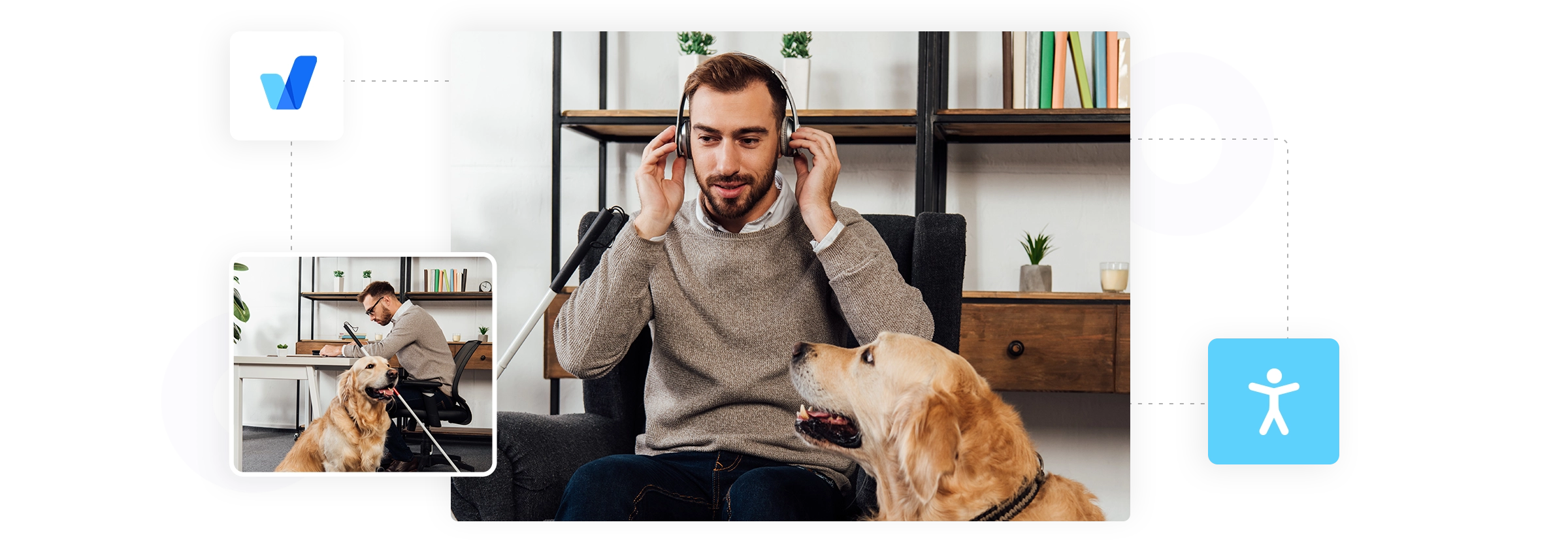 Blind man adjusting headphones beside his guide dog in an office; blue accessibility icon highlights ADA compliance.