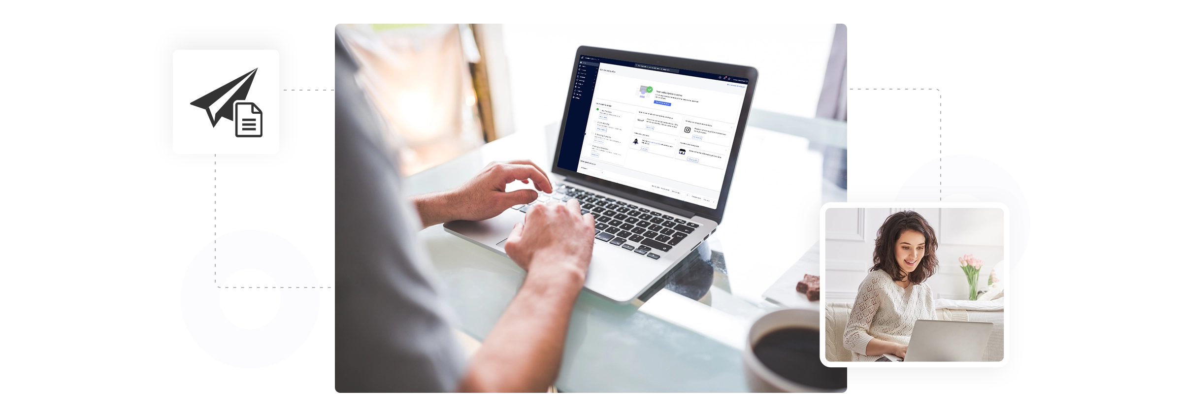 Person using laptop dashboard with send inquiries icon overlay; small inset shows woman working on a laptop.