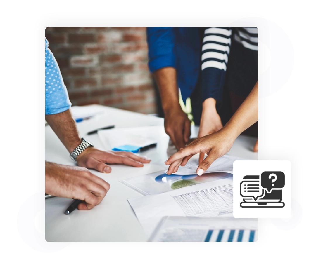 Team reviewing charts at a meeting with a consultation icon overlay.