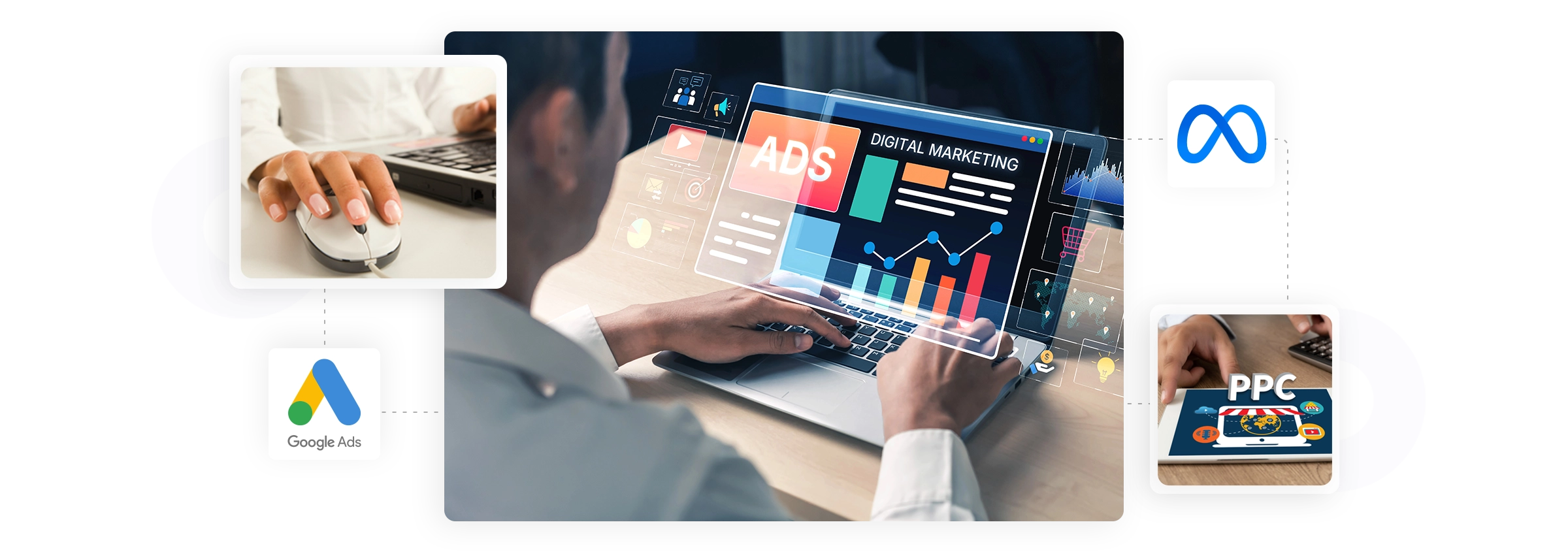 Paid ads banner: marketer at laptop viewing digital marketing dashboard; Google Ads and Meta icons; mouse click and PPC tablet.