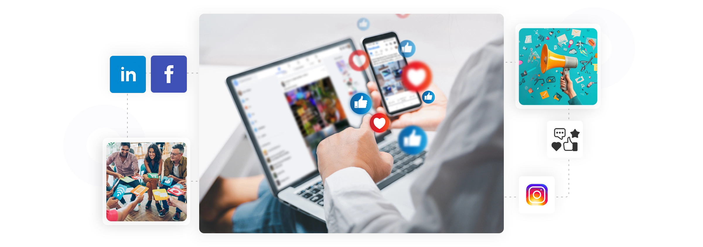 Social marketing collage: team planning, person posting with reactions, megaphone art; LinkedIn, Facebook, Instagram.