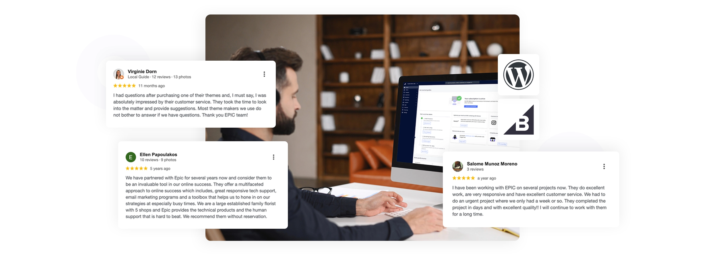 Support specialist at desktop with WordPress and BigCommerce logos, surrounded by verified 5-star client reviews.
