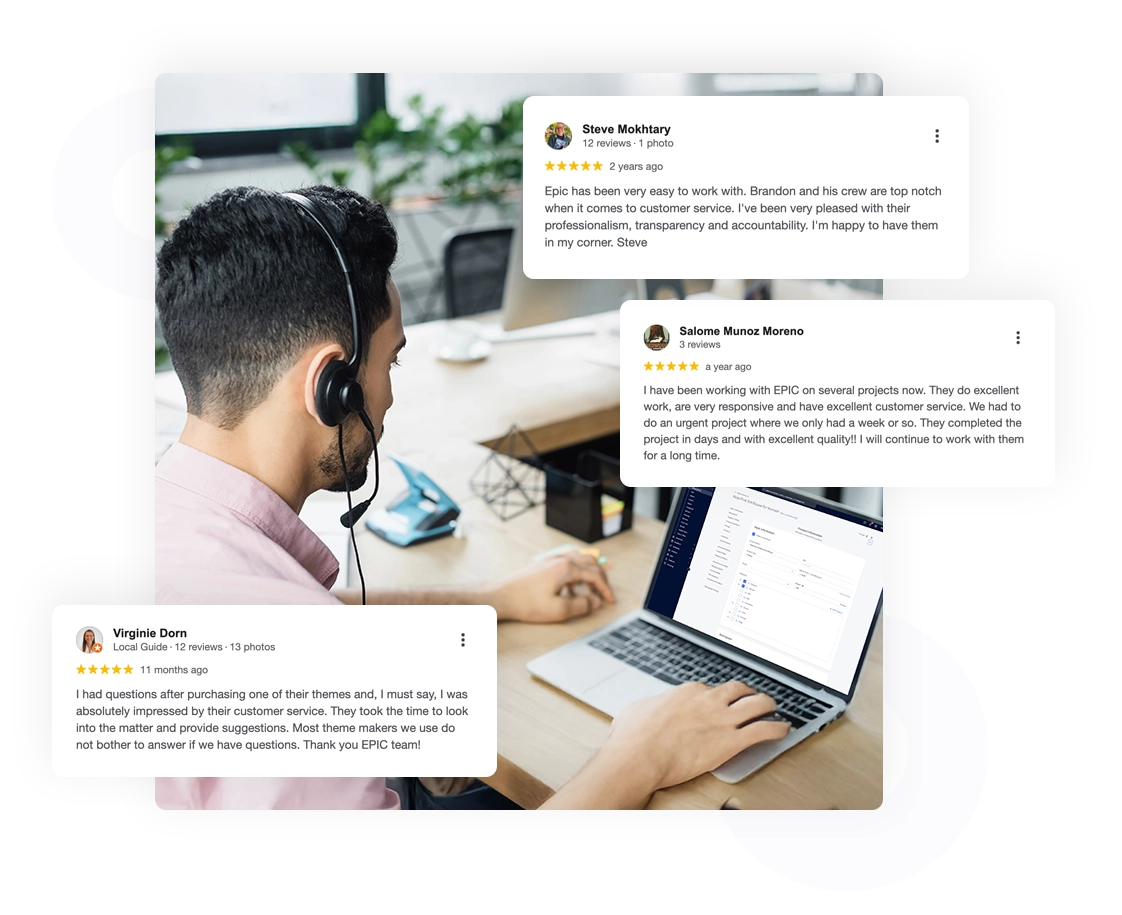 Customer support agent with headset typing on a laptop at a desk, conversation graphics shown.