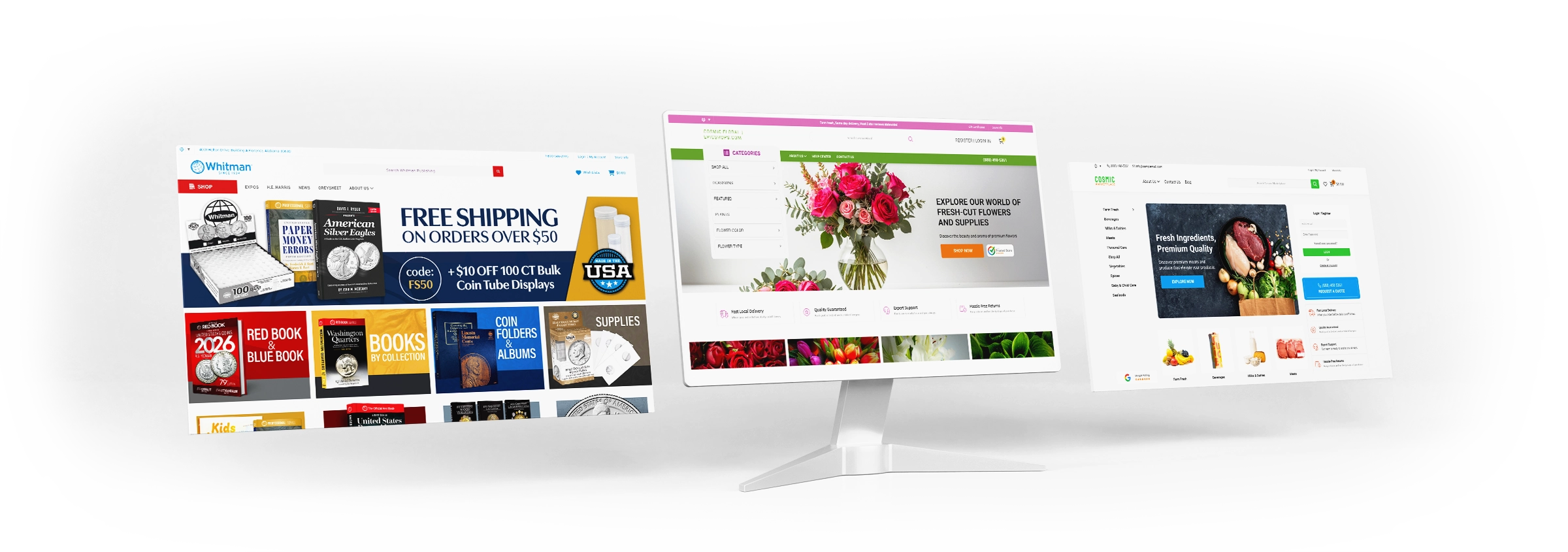 Three computer monitor screens displaying different eCommerce website layouts, showcasing examples of professional web design projects for various industries, including collectibles, floral supplies, and grocery products.