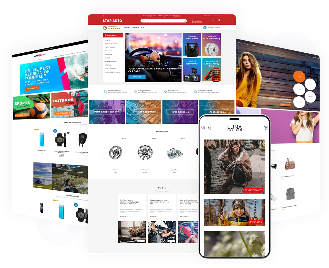 Responsive ecommerce website layouts with a smartphone preview in front.