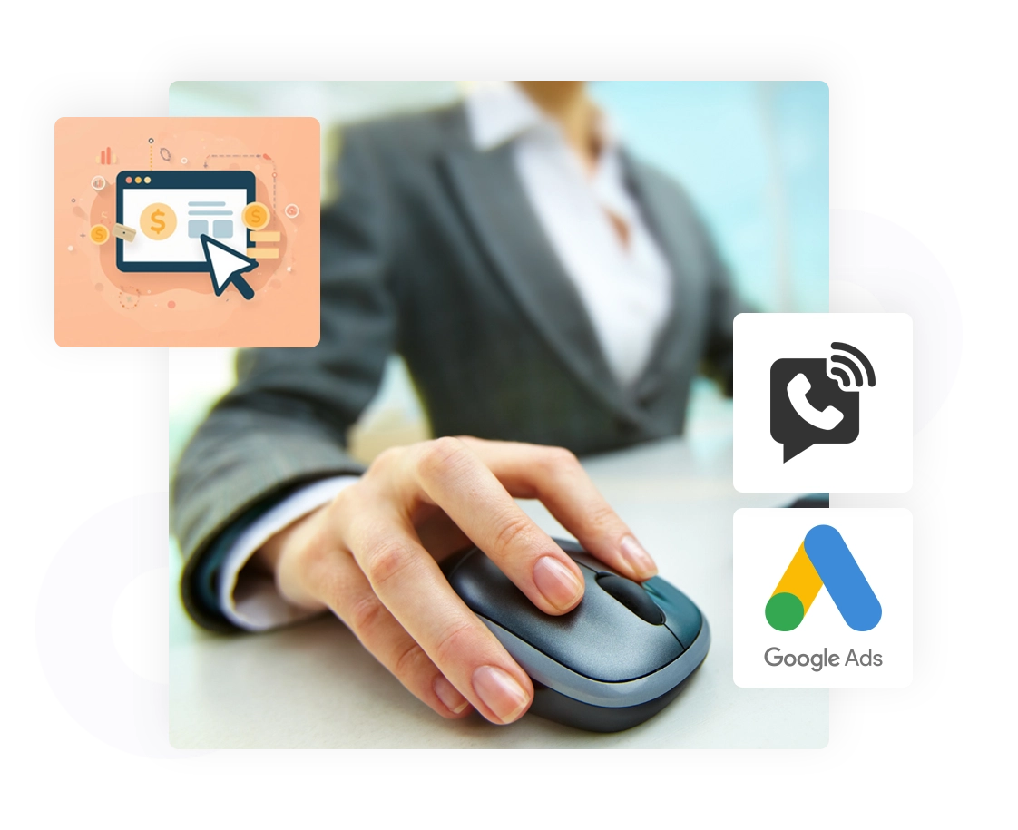 A close-up of a person in business attire using a computer mouse, symbolizing digital actions and online marketing. Surrounding the main image are icons, including an illustration of online payments, a communication or messaging icon, and the Google Ads logo.
