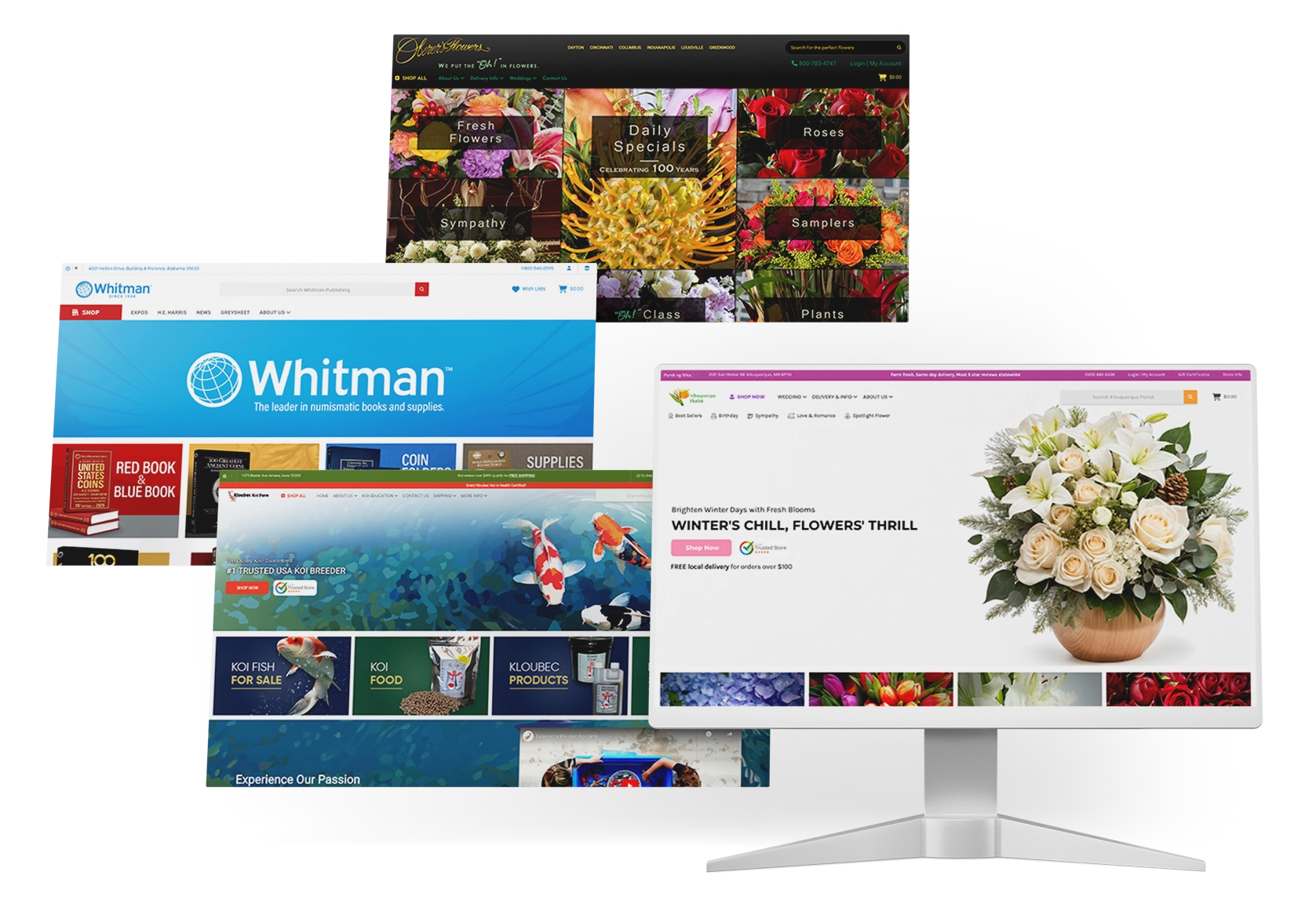 Featuring our BigCommerce storefront portfolio shown on a monitor with site screenshots.
