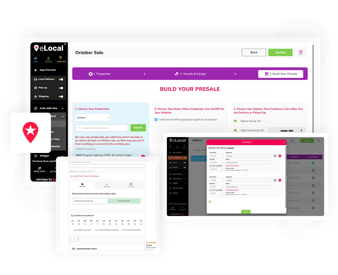 eLocal delivery dashboard showing day-by-day cutoffs, time slots, rush delivery, with location pin icon overlay.