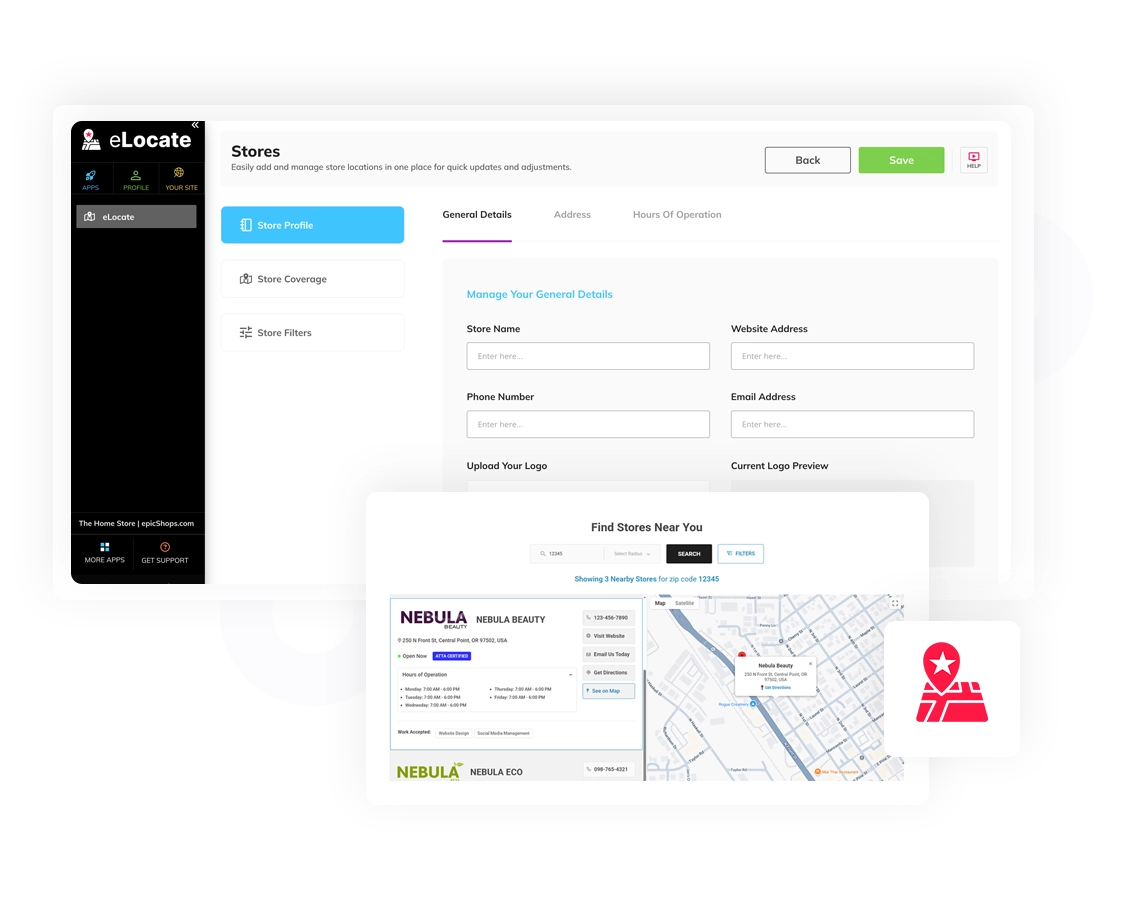 eLocate dashboard showing store profile form with fields and a “Find Stores Near You” map and location listing overlay.
