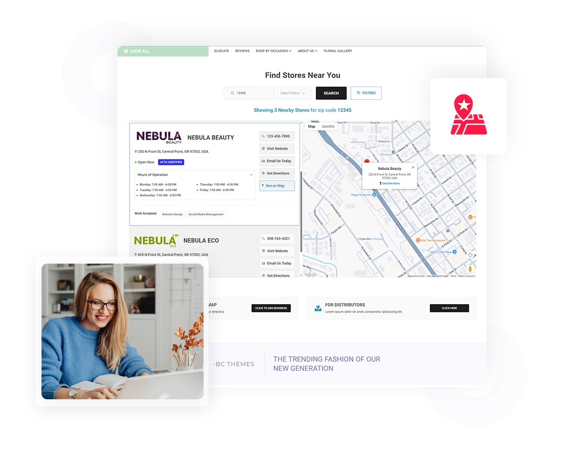 eLocate dashboard showing store profile form with fields and a “Find Stores Near You” map and location listing overlay.