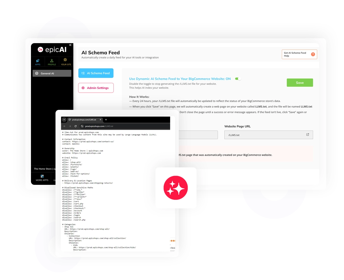 epicAI dashboard showing AI Schema Feed settings and llms.txt preview for updating a BigCommerce LLMs file.