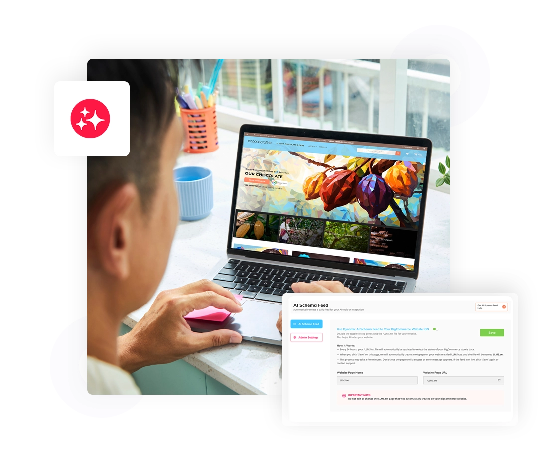 Page displaying "AI Schema Feed" highlighted, illustrating epicAI App for daily updates to llms.txt for improved AI searchability.