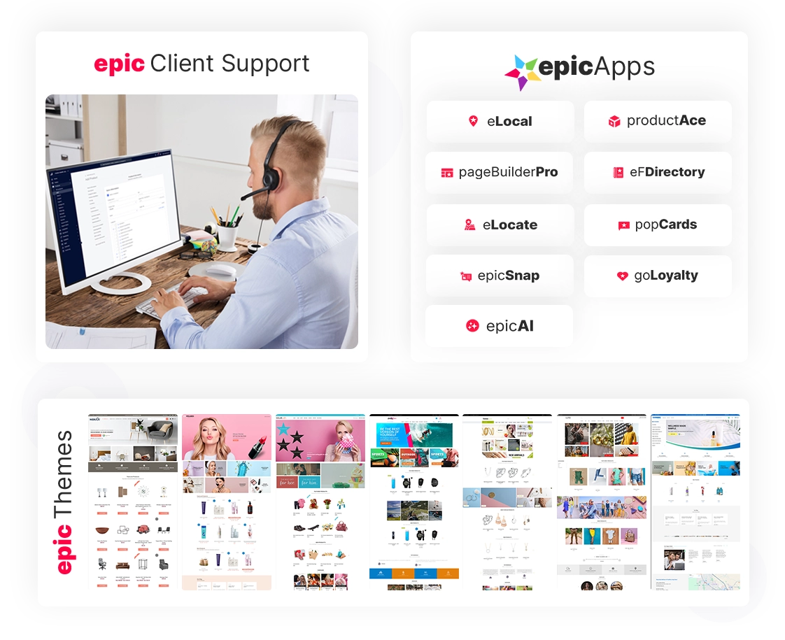 Multi-purpose EpicApps, featuring services from Epicshops and a range of BigCommerce themes.