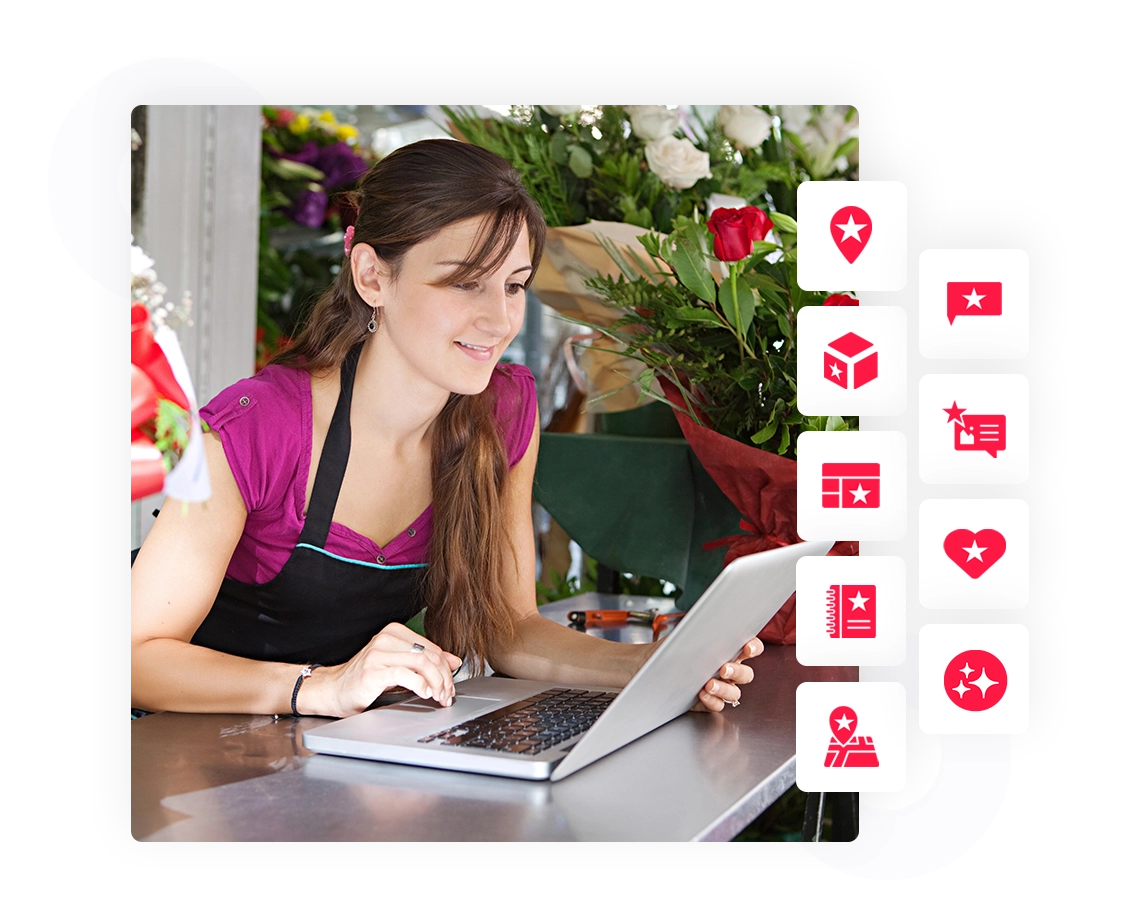 Florist at a laptop in a flower shop, with featured Epic Apps icons stacked on the right.