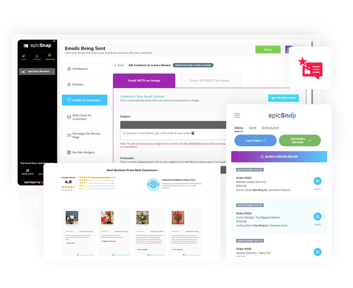 Dashboard of epicSnap: compose review request emails, view ratings, and manage orders in the inbox.