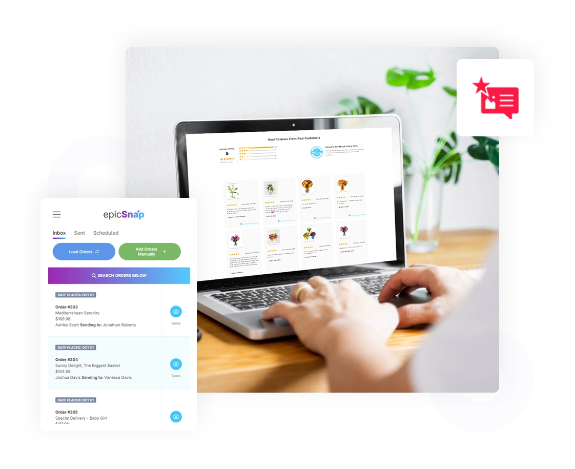 Dashboard of epicSnap: compose review request emails, view ratings, and manage orders in the inbox.