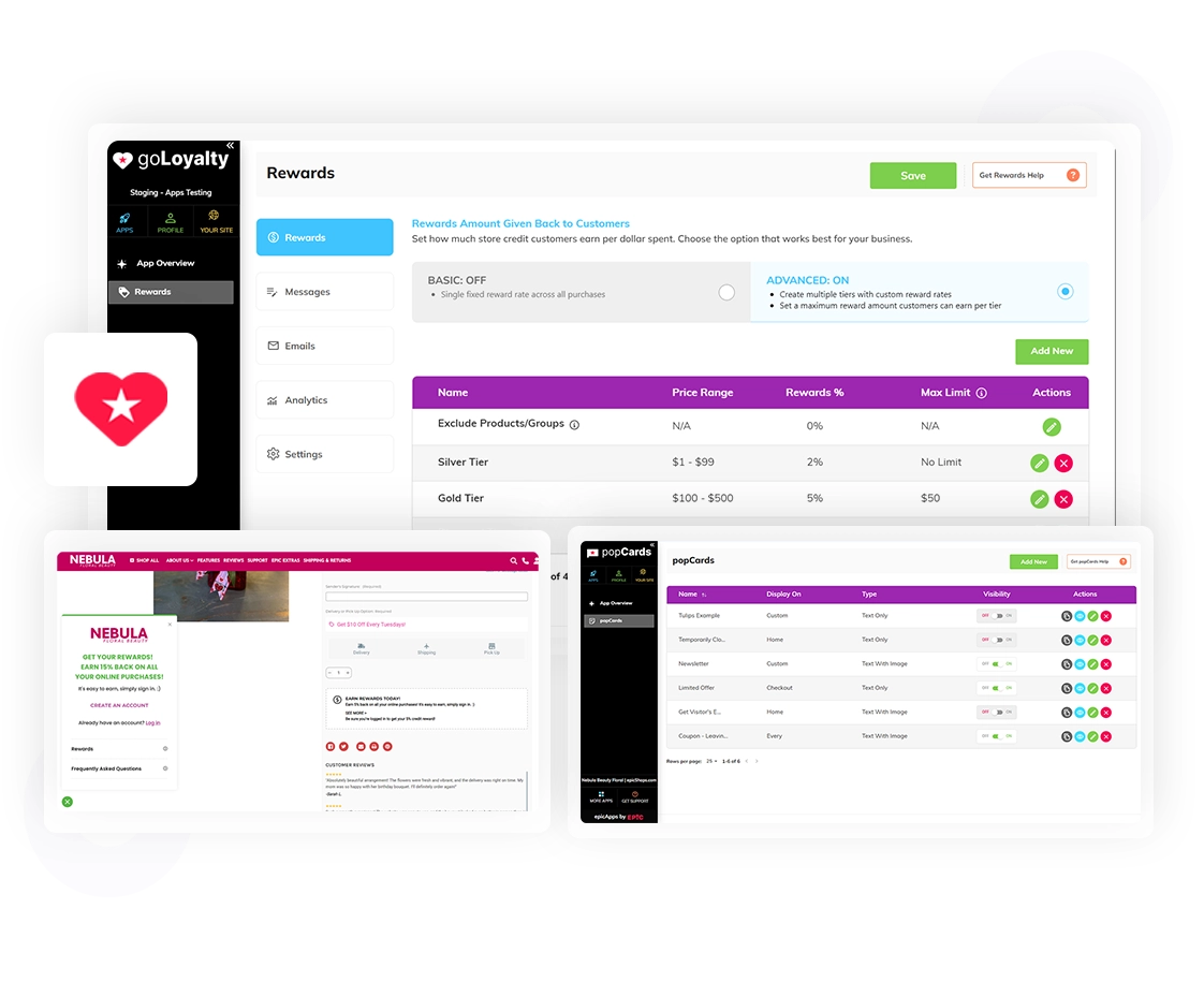 goLoyalty dashboard showing Rewards tiers table and settings, plus email editor previews; heart-star loyalty icon overlay.