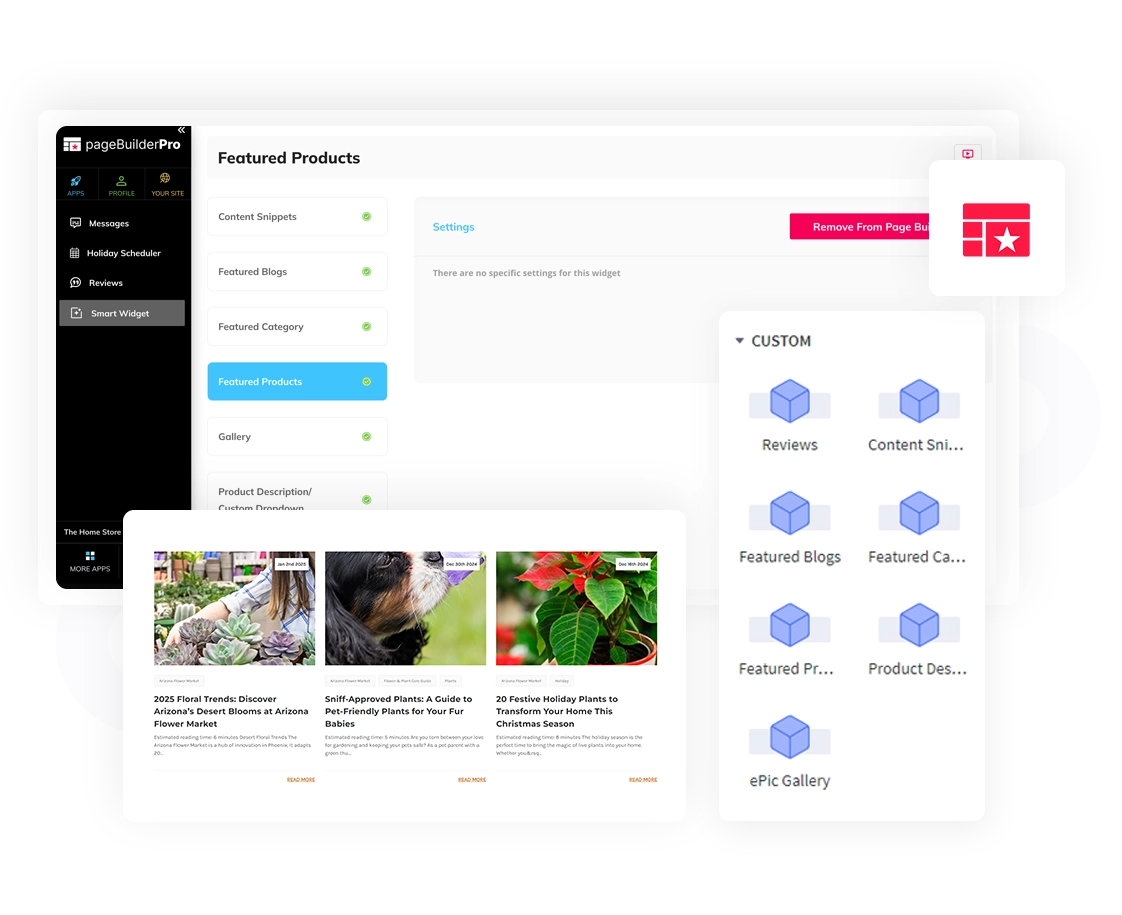 PageBuilderPro dashboard showing featured products widget, custom content blocks, and blog cards for an online store.