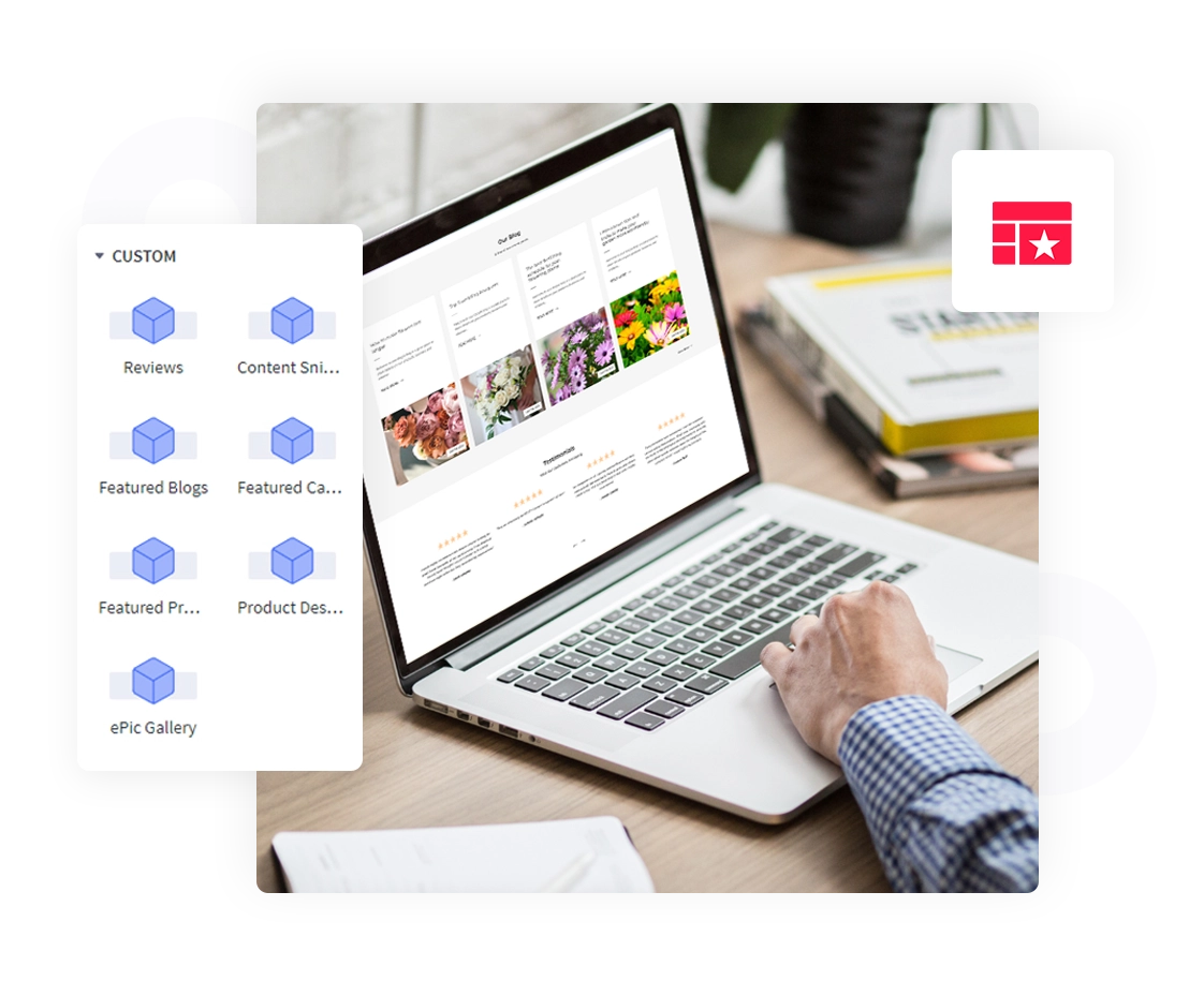 A pageBuilder Pro app shows to customized design widgets with added functionality like featured categories, products, blogs, image gallery, reviews, and more.