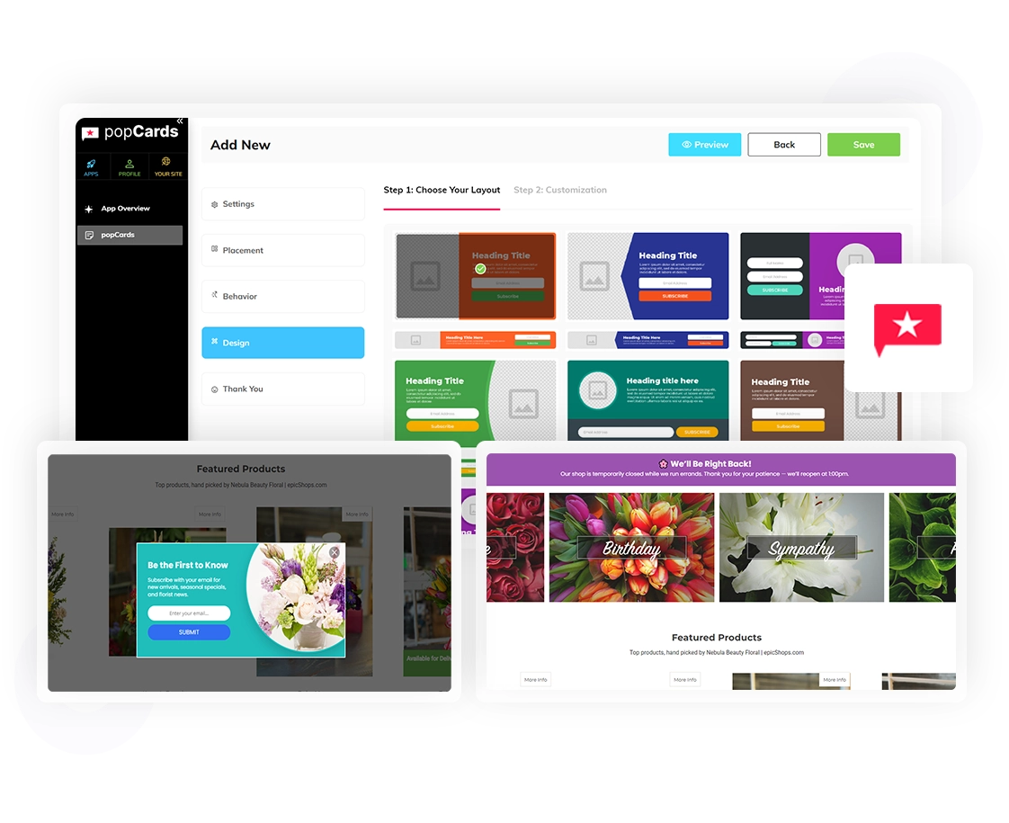 popCards dashboard with template gallery to design site popups, plus a previewed newsletter modal and campaign list.