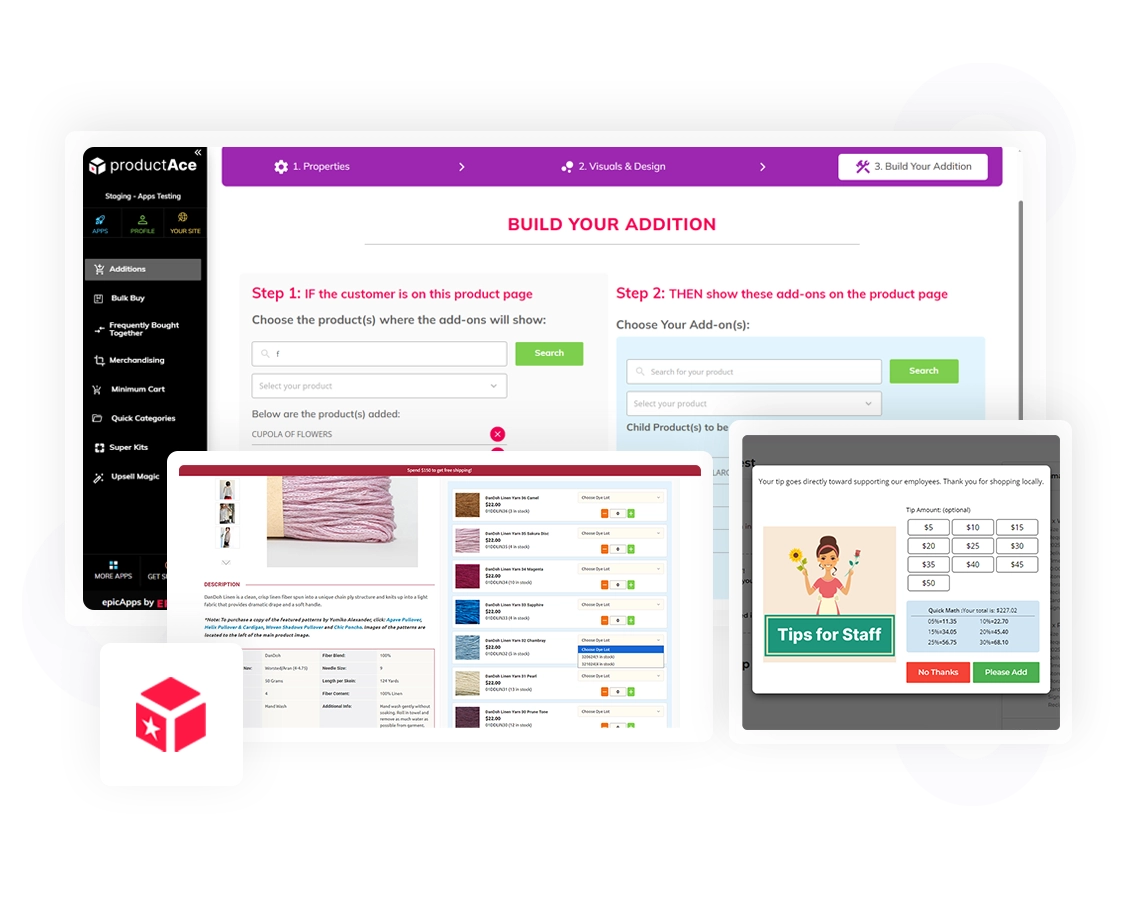 productAce app screens showing merchandising reorder grid, add-ons builder, and a “Tips for Staff” modal with buttons.