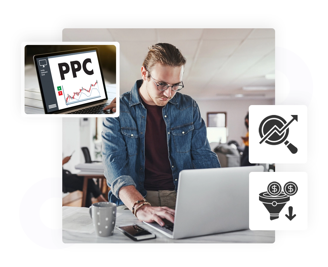 A man wearing glasses works on a laptop in a modern office setting. A smaller inset image shows a tablet displaying “PPC” with a rising analytics graph. Surrounding the main photo are icons representing search performance analysis and conversion funnel optimization.