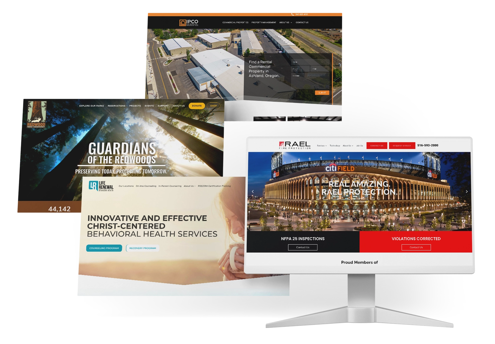 Featuring our Worpress portfolio shown on a monitor with site screenshots.