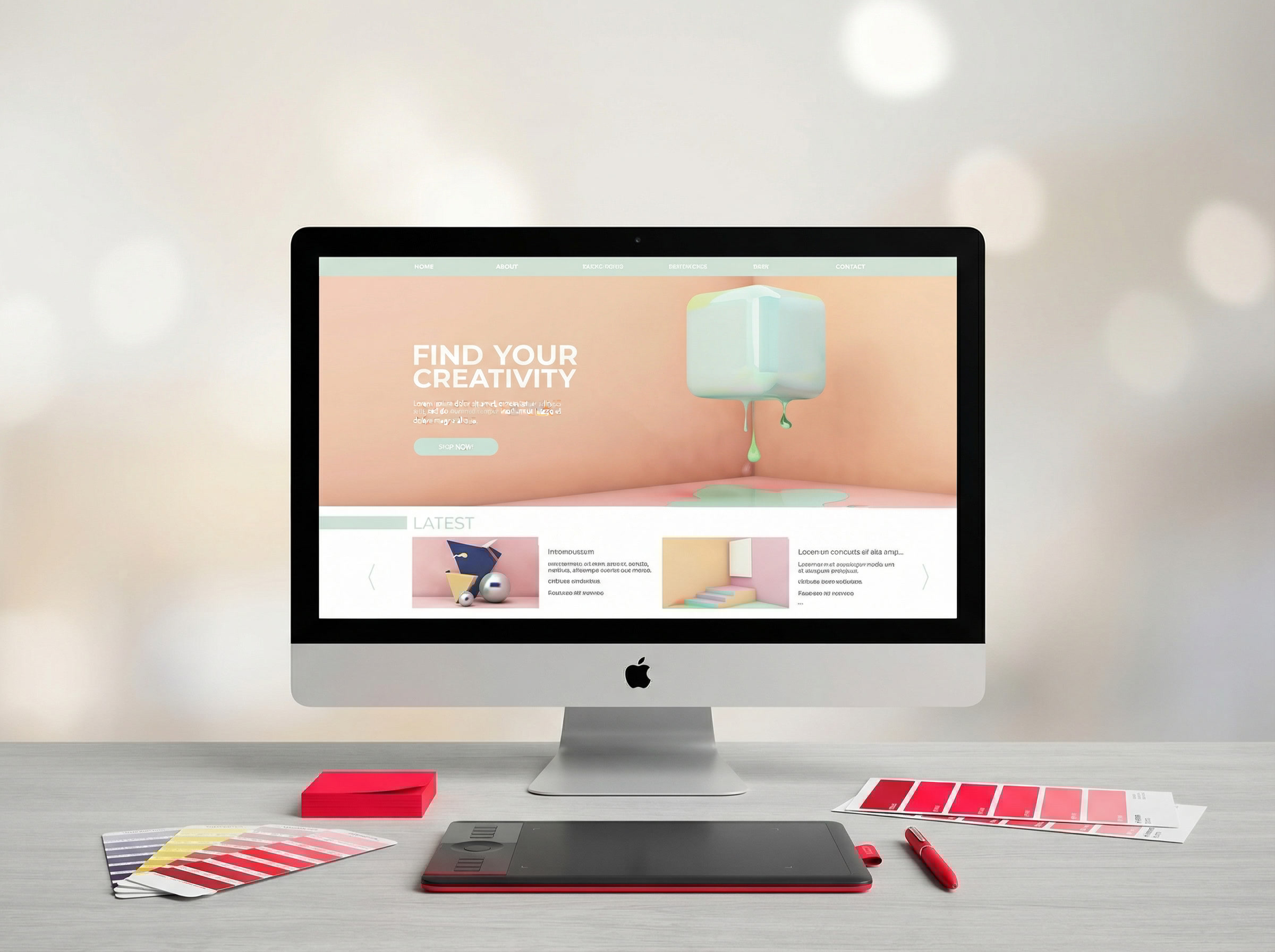 Desktop computer displaying a modern website design, with color swatches, tablet, and stylus on a designer’s workspace.
