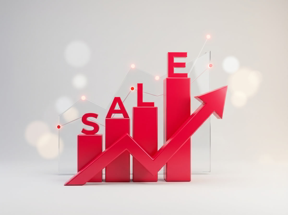 Sales growth concept with red bars forming the word “SALE” and a rising arrow on a light background.