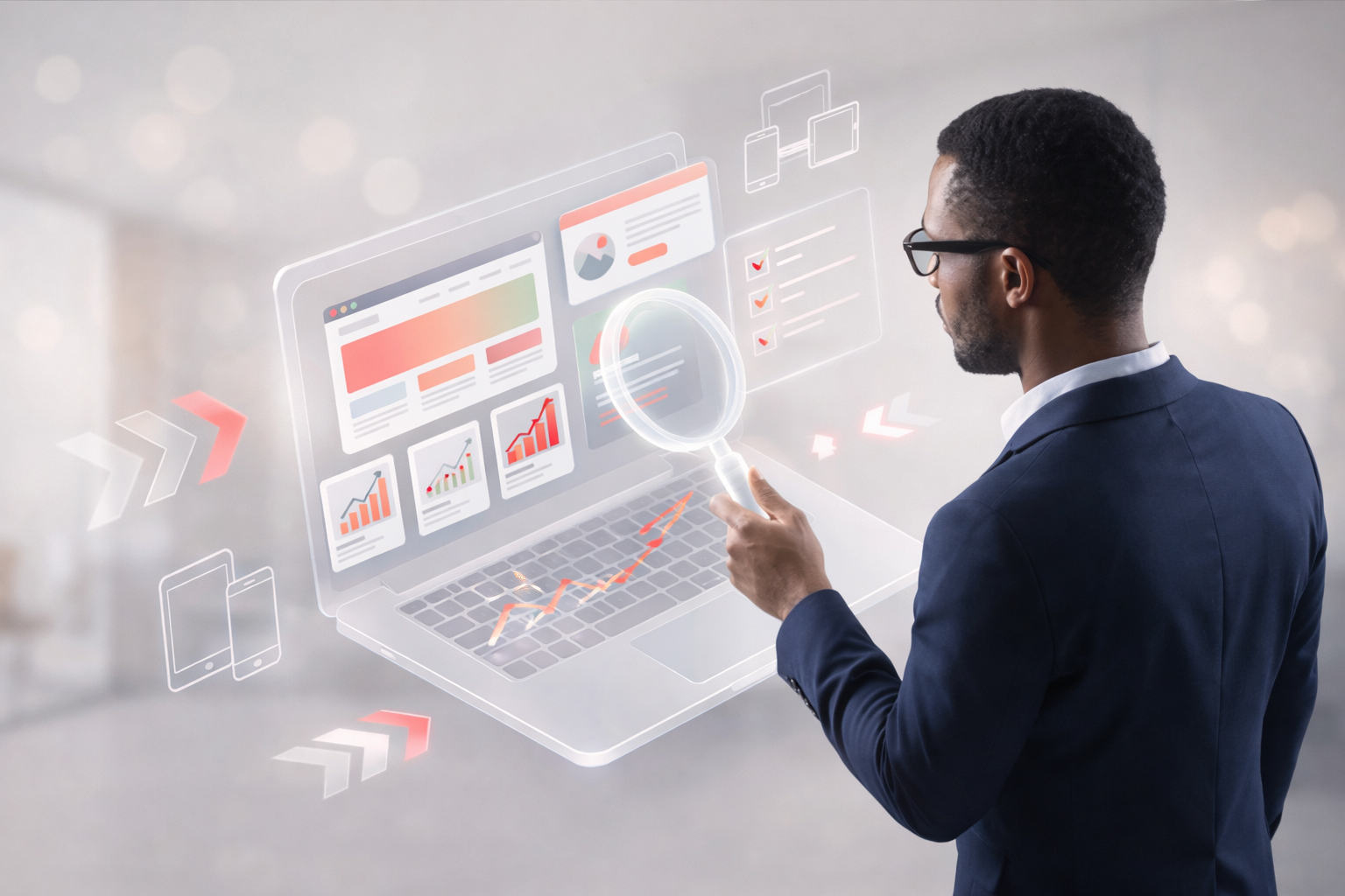 Business professional examining digital marketing dashboards and growth charts on a laptop, representing SEO and data analysis.