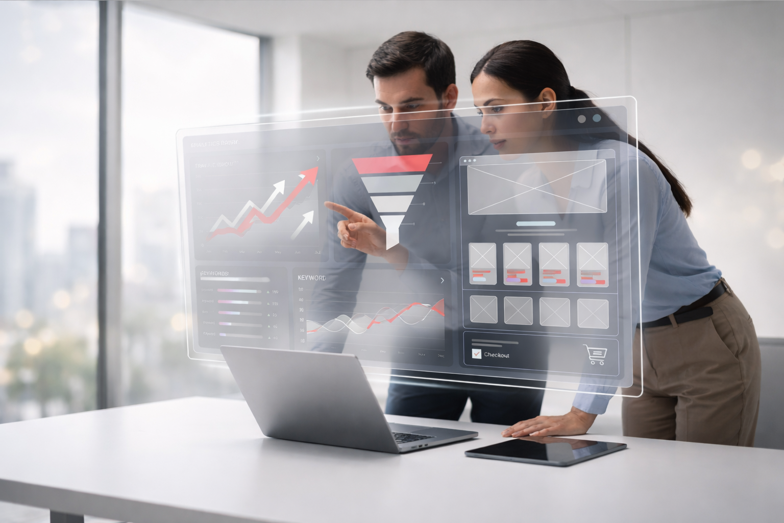 Two professionals reviewing a digital analytics dashboard on a laptop, analyzing growth charts, funnels, and website layout data.