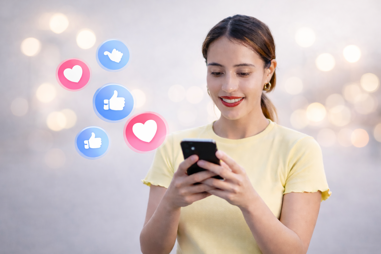 Smiling individual looking at their phone as heart and like icons appear beside them against a blurred city background.